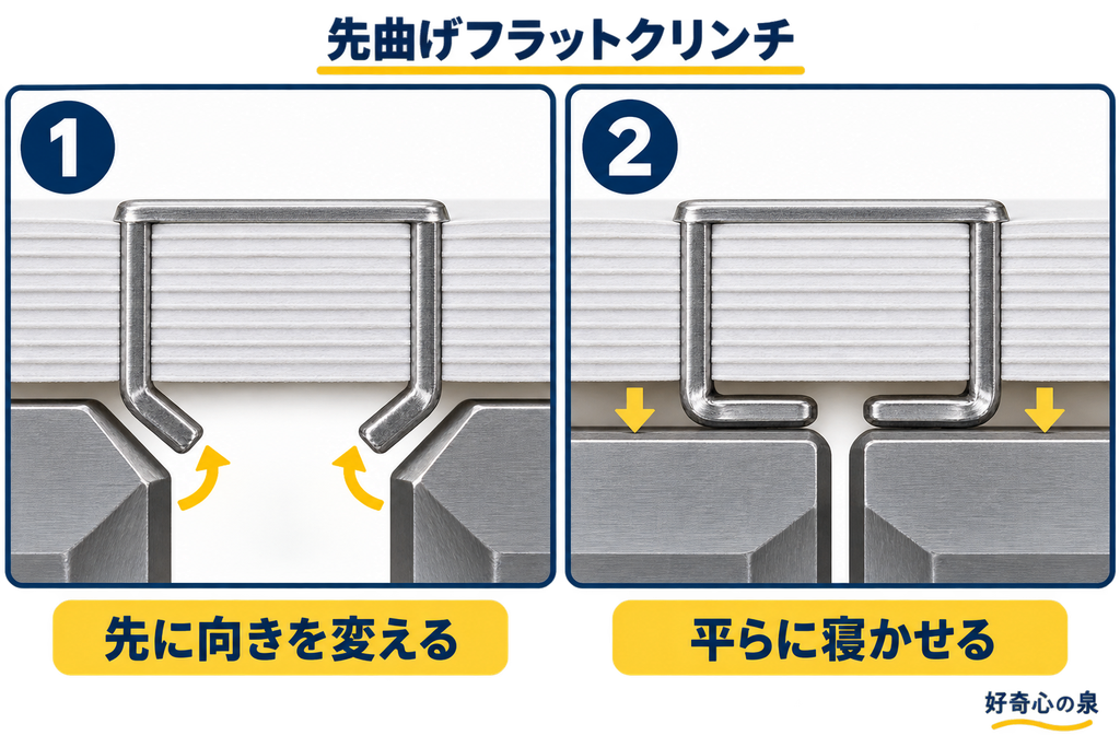 先曲げフラットクリンチで針先を二段階に曲げる仕組み