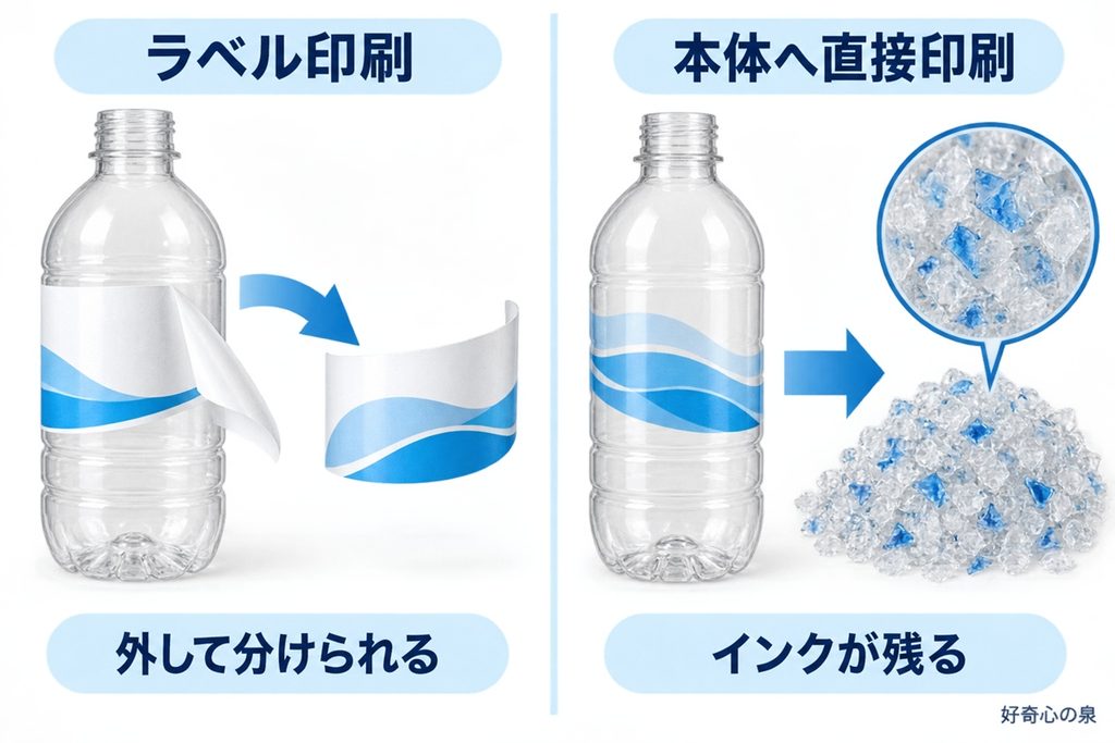 ラベル印刷とペットボトル本体への直接印刷を比較した図