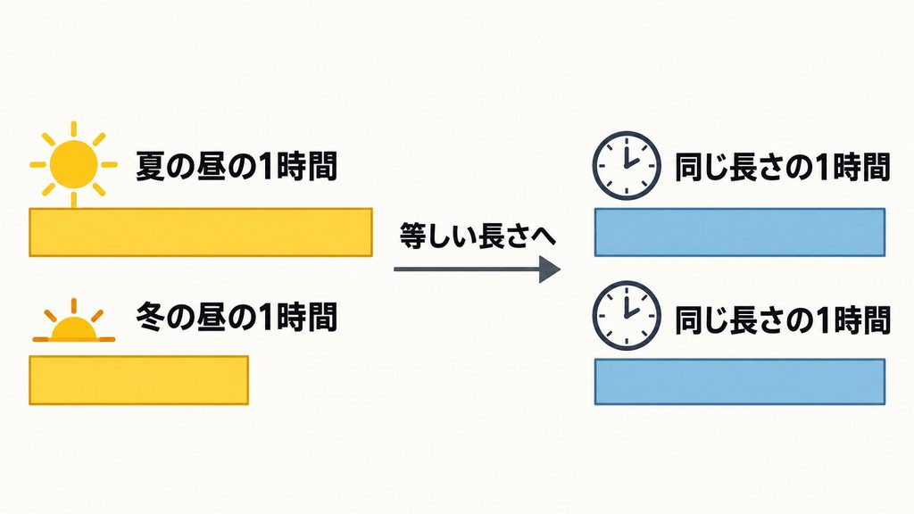 夏は長く冬は短い昼の一区切りと、季節によらず同じ長さの一時間を並べた比較