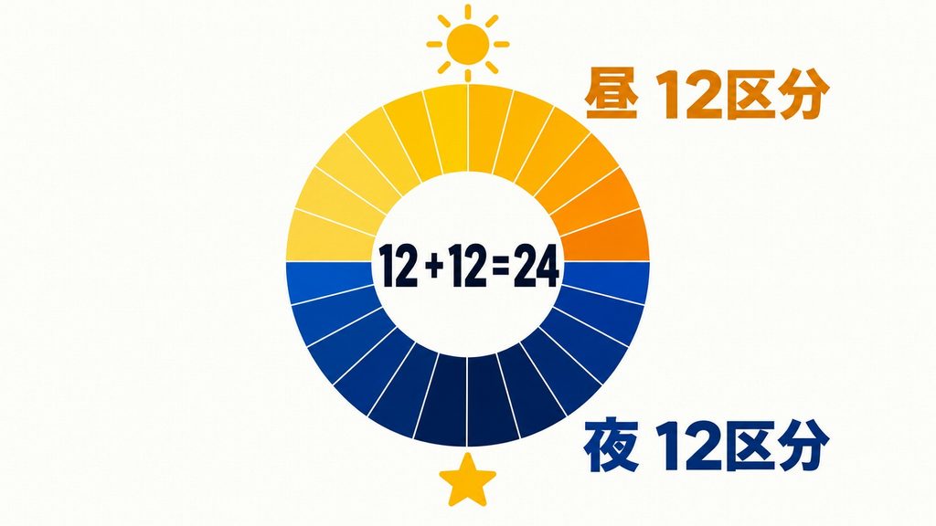太陽側の12区分と星側の12区分を合わせ、一日を24区分として表した円形図