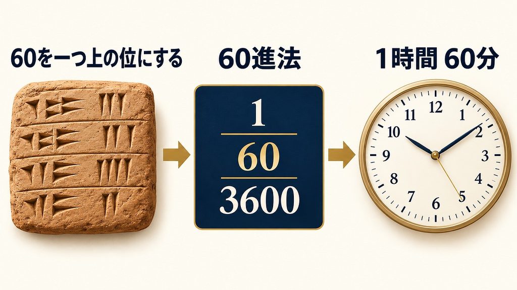 古代メソポタミアの粘土板、60進法の位取り、60分の時計を矢印でつないだ図