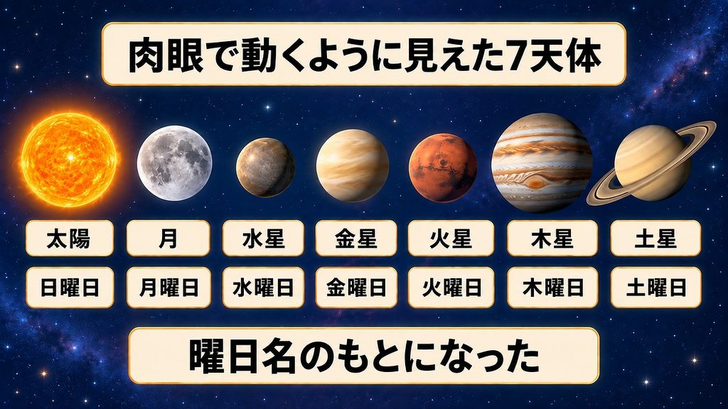 太陽、月、水星、金星、火星、木星、土星を横に並べ、古代に七曜と結び付いた七つの天体を示した図
