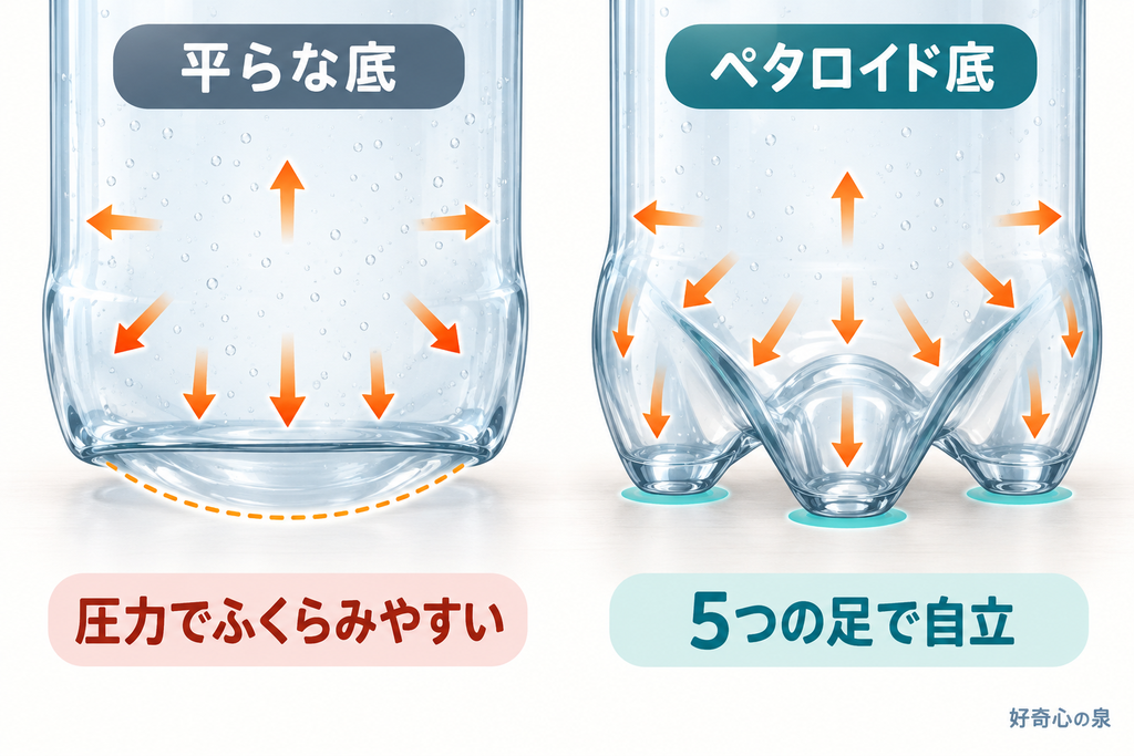 炭酸の内圧を曲面と5本の足で受けるペタロイド底の模式図