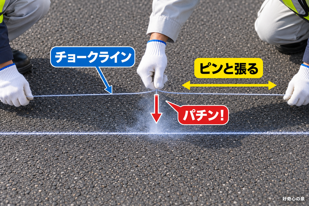 チョークラインを張って路面に下書きする仕組み