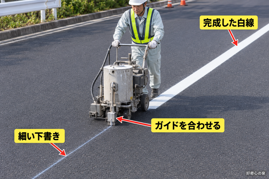 施工機が細い下書きに沿って白線を引く仕組み