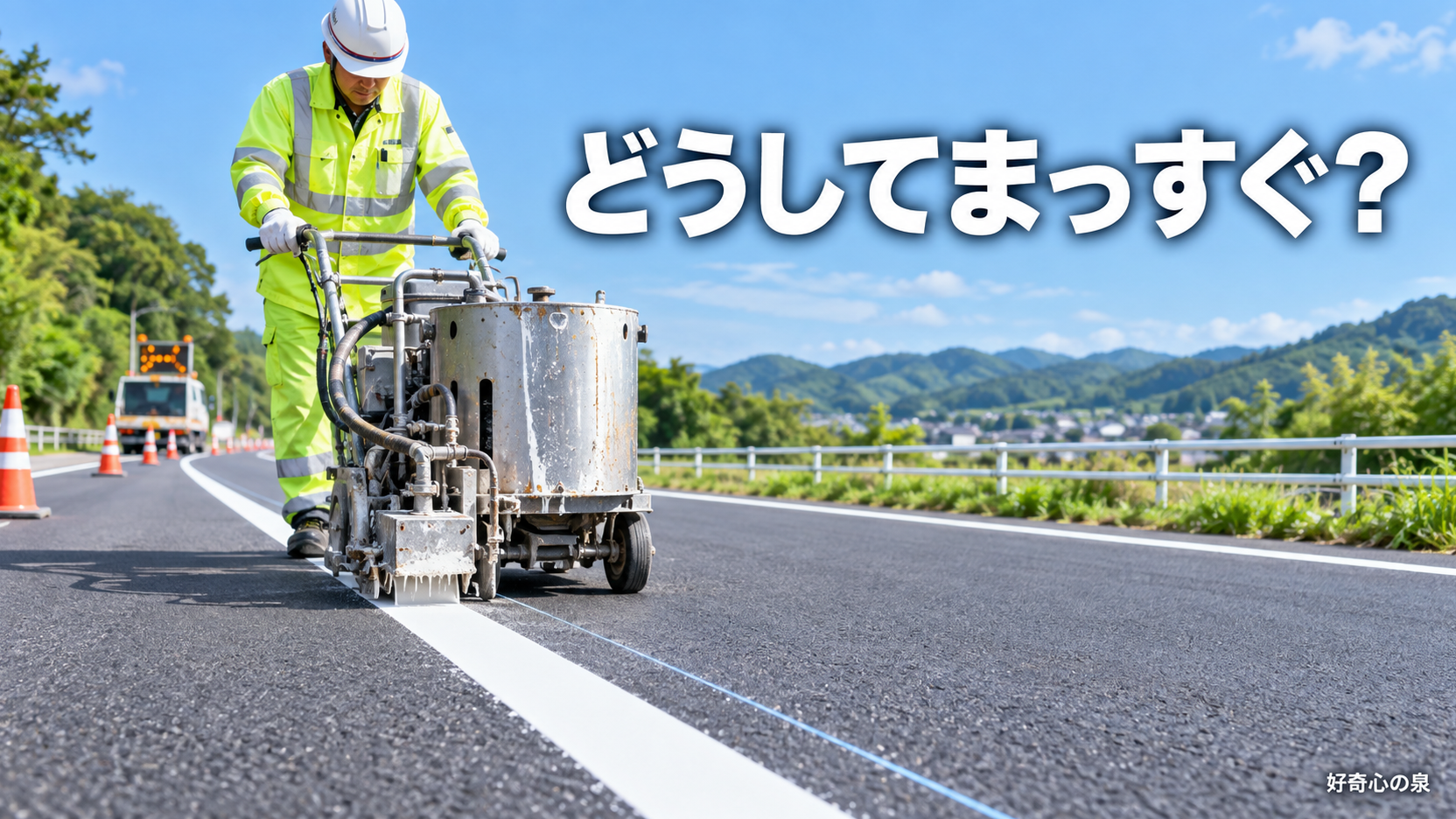 道路の白線はどうやってまっすぐ引く？チョークの下書きと施工機の仕事