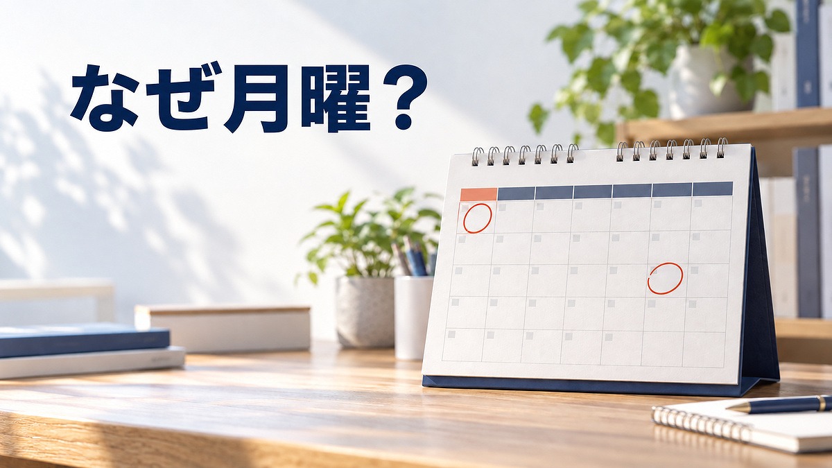 机の上の卓上カレンダーに赤い丸印があり、左上に「なぜ月曜？」と大きく示した明るい室内