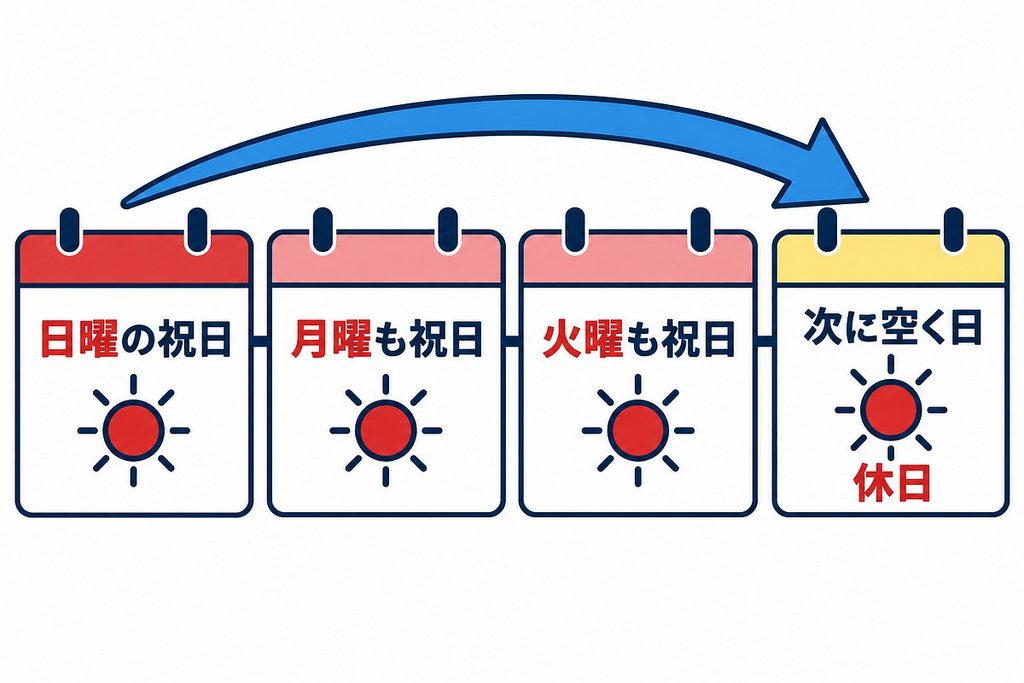 日曜から月曜と火曜の祝日を越え、次に空く日が休日になる流れを示す四枚のカレンダー