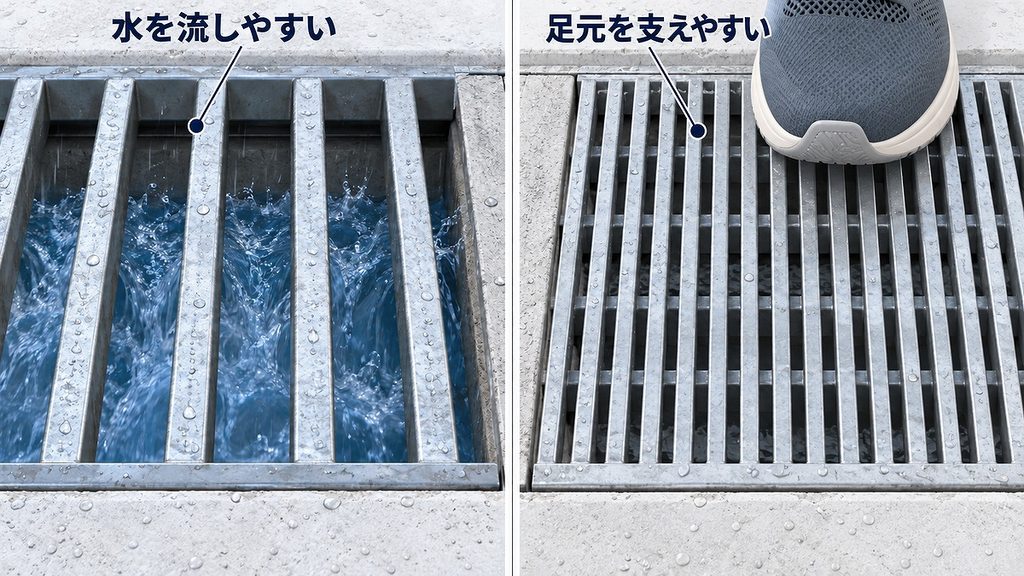 広いすき間で水を流す格子と、棒の間隔を細かくして足元を支える格子の比較