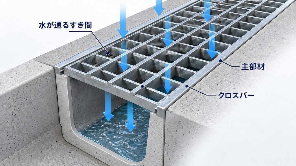 側溝をまたぐ太い主部材と細いクロスバー、水がすき間から溝へ落ちる様子