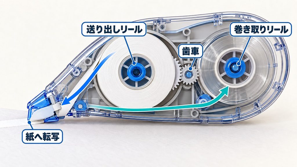 透明ケース内の二つのリールと歯車、修正テープが先端を往復する経路