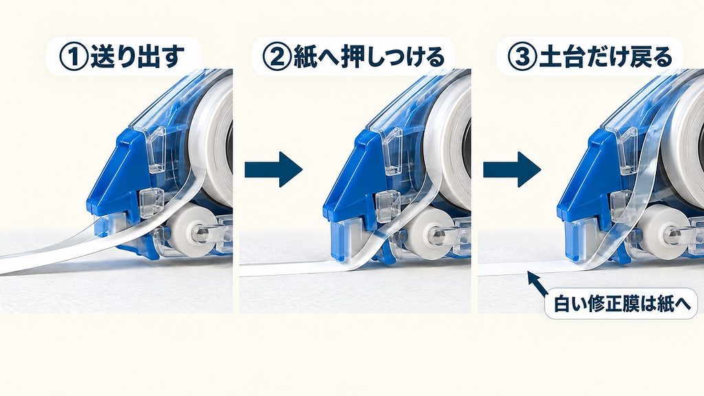 白い修正膜が紙に残り、透明なベーステープだけが本体へ戻る三段階