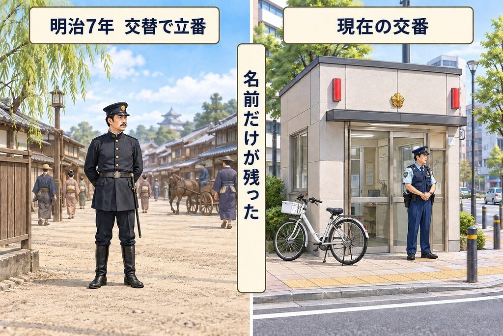 明治時代に街角で立番する警察官と現在の交番を並べ、名前が残った流れを示す