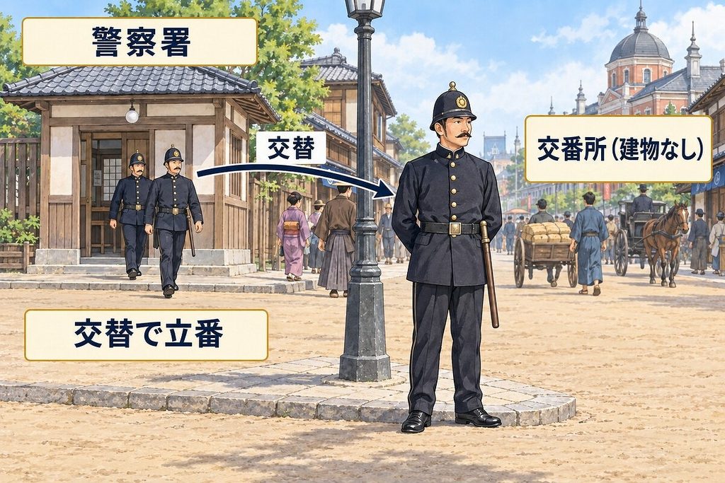 明治時代の警察官が街角の建物のない交番所で交替して立番する様子