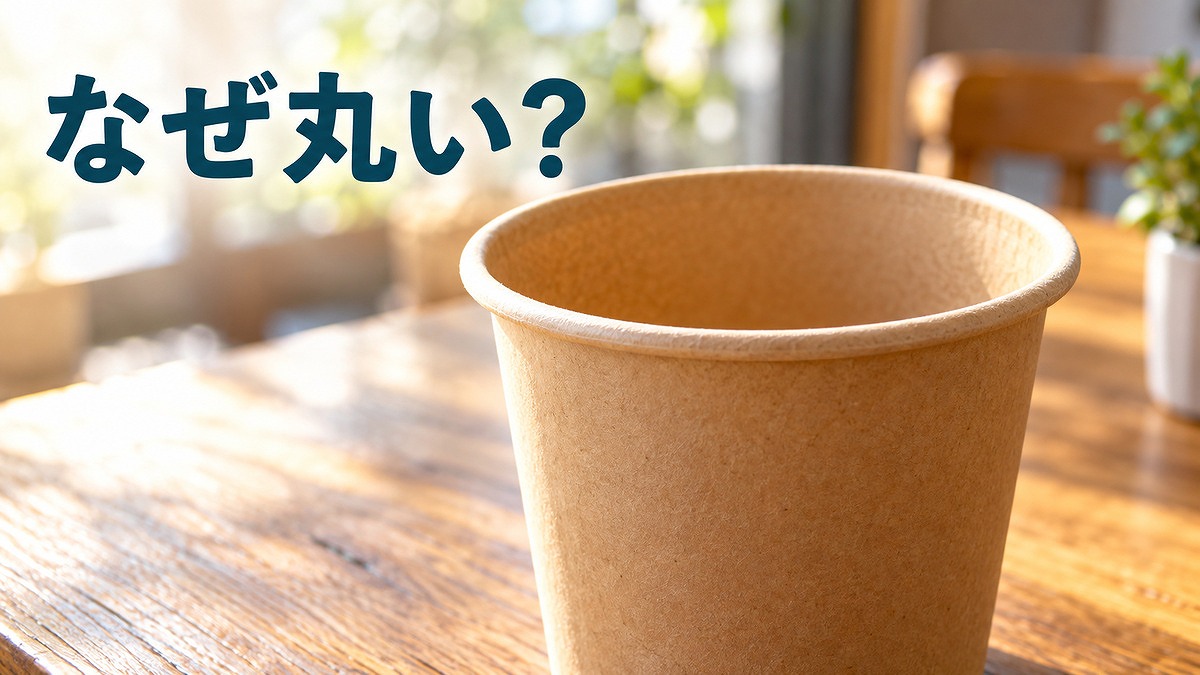 木のテーブルに置かれ、丸く巻かれた飲み口が見えるクラフト紙色の紙コップ