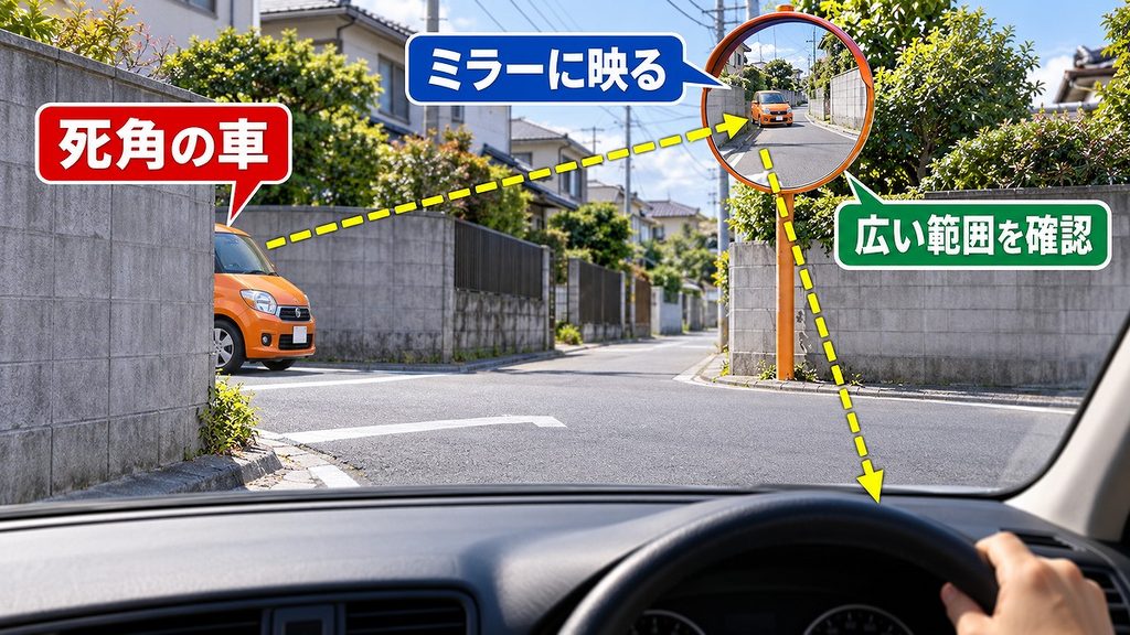 塀の陰にある車の光が凸面鏡で反射し、運転席へ届く経路を示した交差点の図