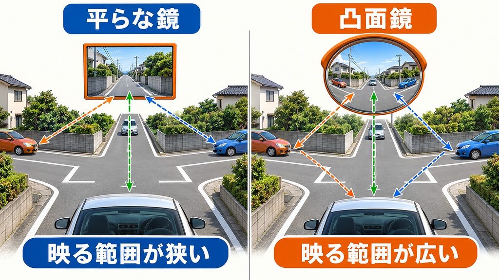 平面鏡と凸面鏡を並べ、左右の道路から来る光と映る範囲の違いを示した比較図