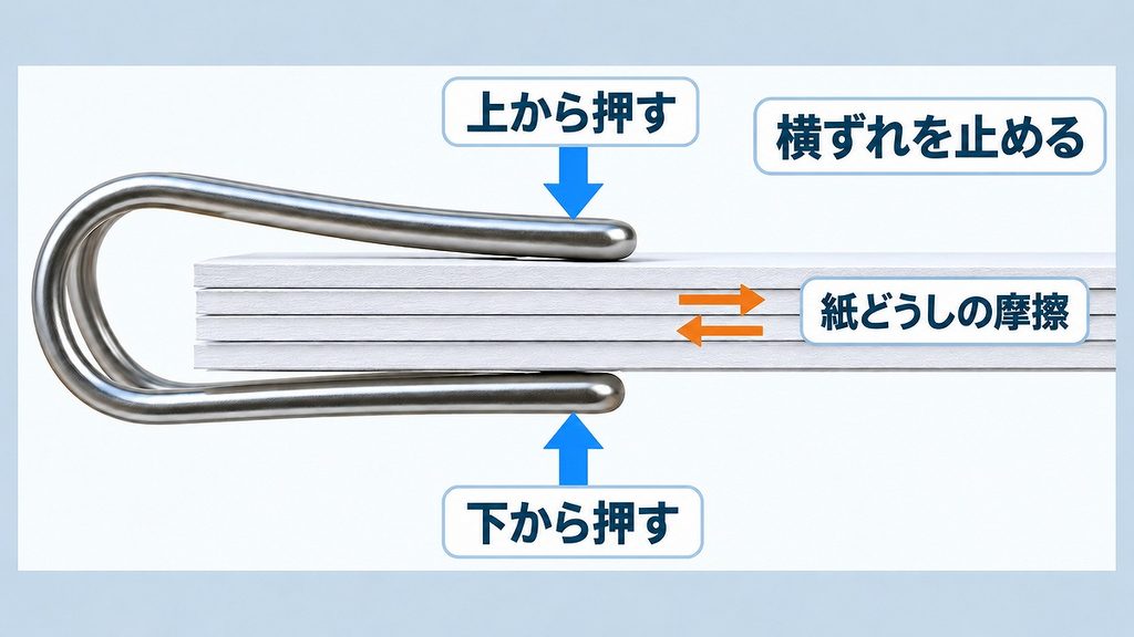 紙の束を上下から押すゼムクリップと、紙どうしの摩擦が横ずれを止める関係を示した側面図