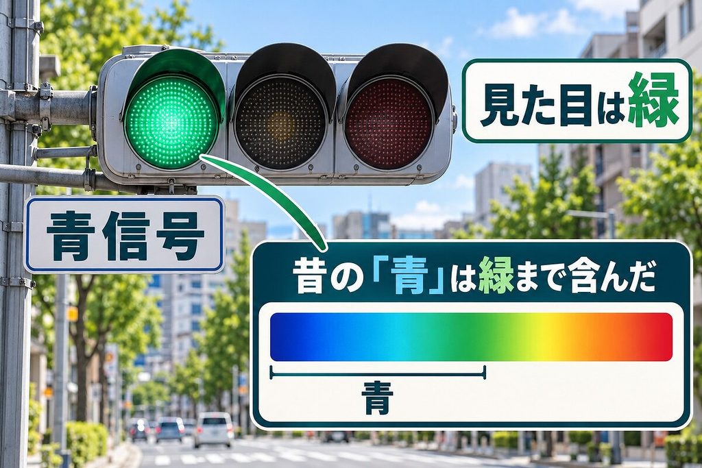 緑に光る交通信号と、青から緑までを含む昔の「あを」の範囲を結んだ説明