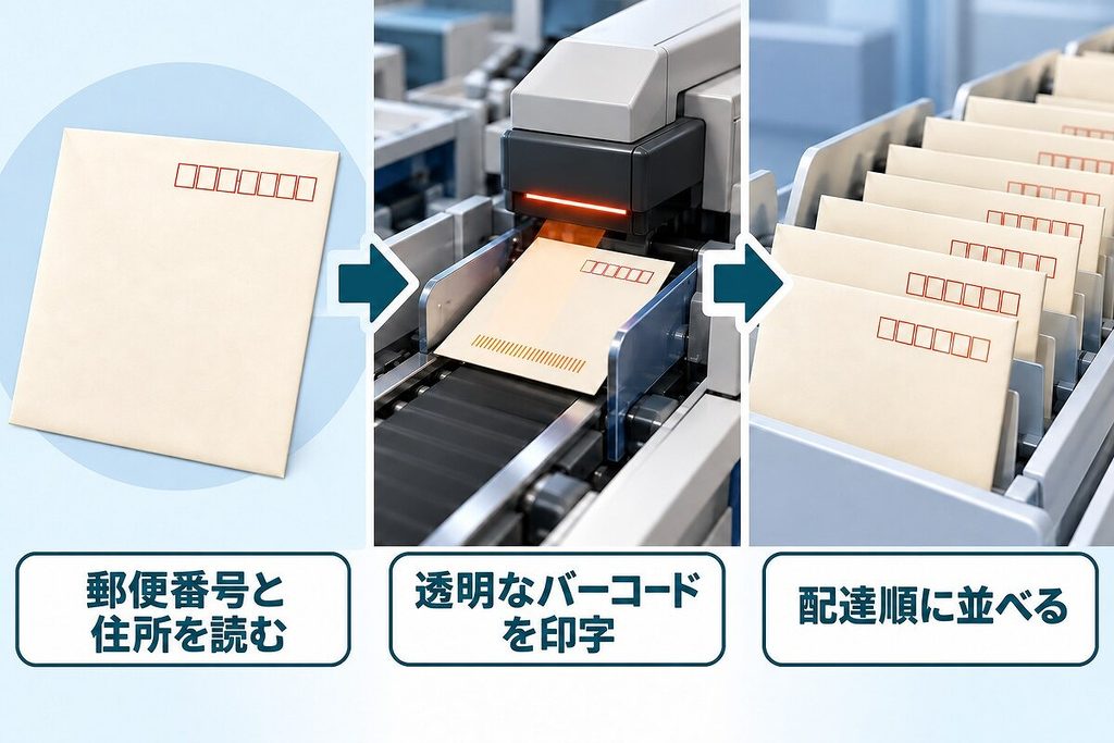 郵便番号と住所を読み取り、透明なバーコードを印字してから配達順に並べるまでの三段階を示した工程図