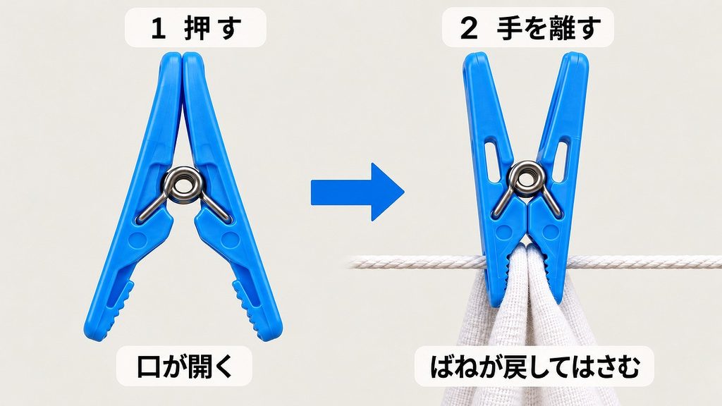 持ち手を押して口を開く洗濯ばさみと、手を離して物干し竿と布をはさむ状態の比較