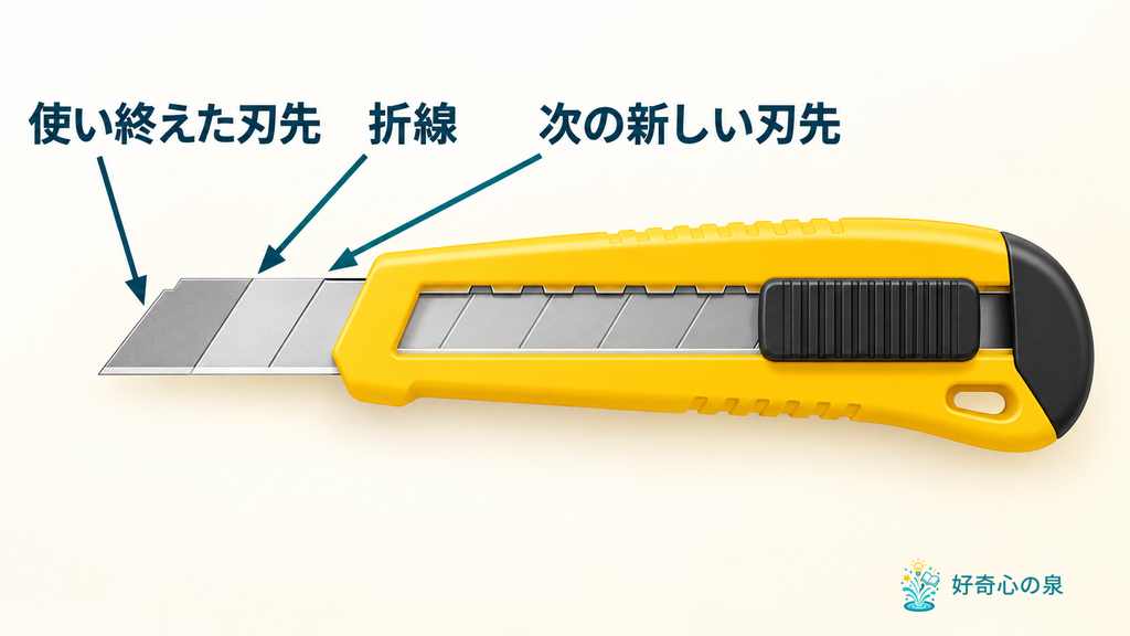 使い終えた区画を外すと、折線の直後にある角が新しい切っ先になる関係を示す