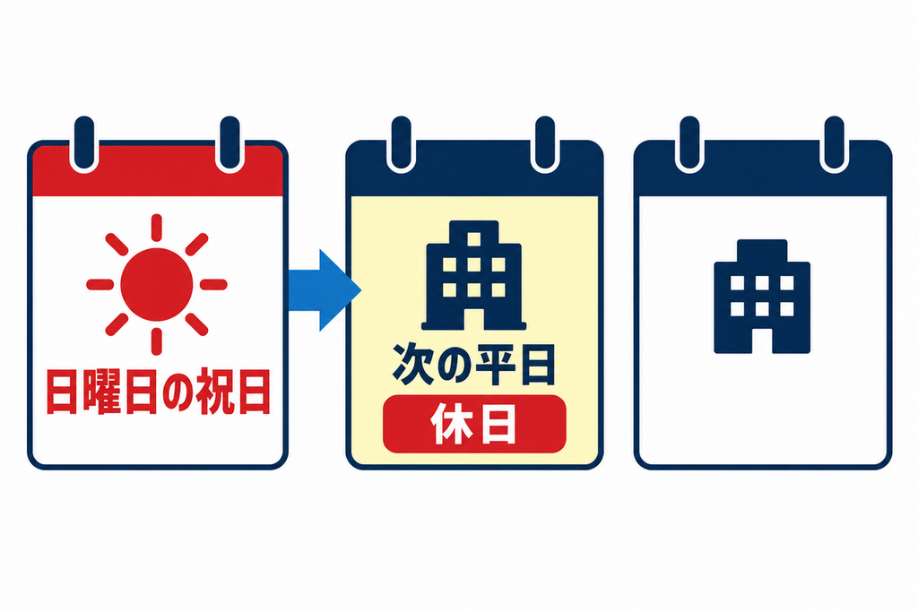 日曜日の祝日から矢印が次の平日へ伸び、月曜日が休日になる仕組みを示すカレンダー