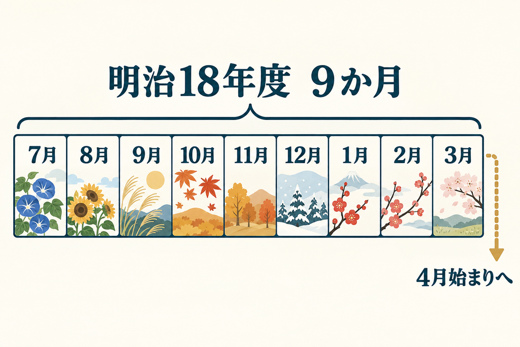 明治18年度が7月から翌年3月までの9か月に短縮され、その後4月始まりへ移る月の並び