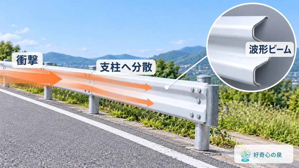 波形ビームが衝撃を横方向へ伝え、複数の支柱で受け持つ関係を示す