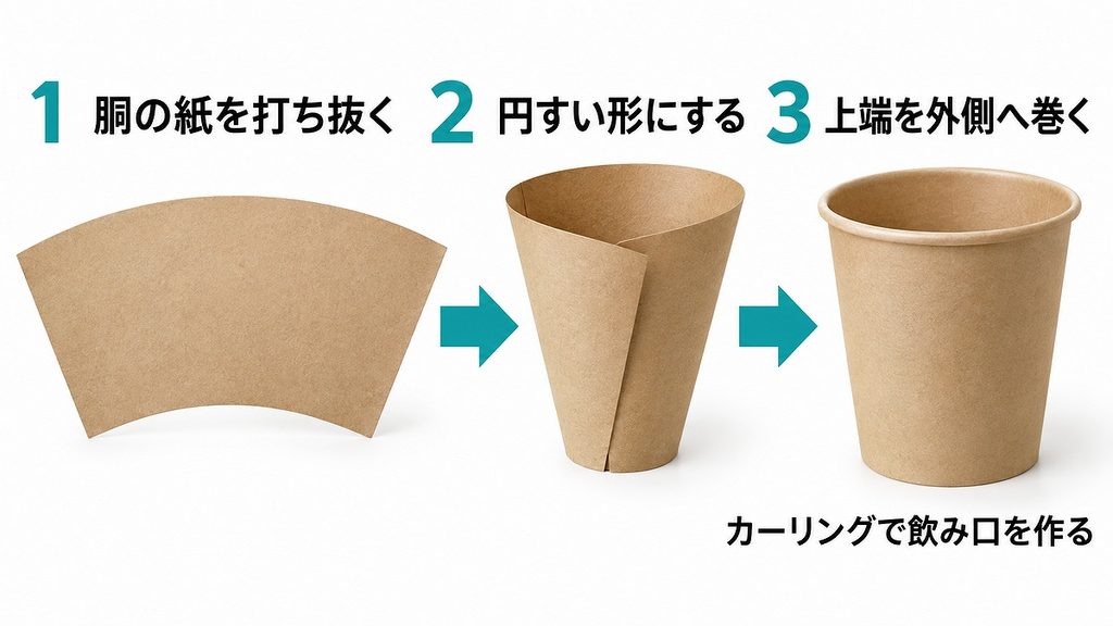 扇形の紙を円すい形へ組み立て、上端を外側へ巻いて紙コップの飲み口を作る工程