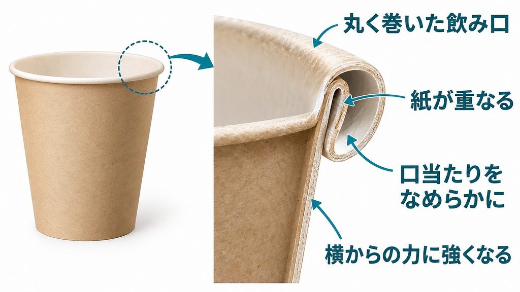 クラフト紙の紙コップと、外側へ巻き込まれて紙が重なる飲み口の断面