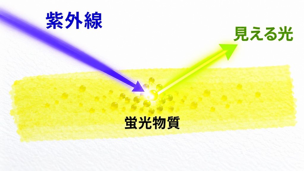 光に含まれる紫外線を黄色い蛍光物質が受け取り、見える光として放つ流れ