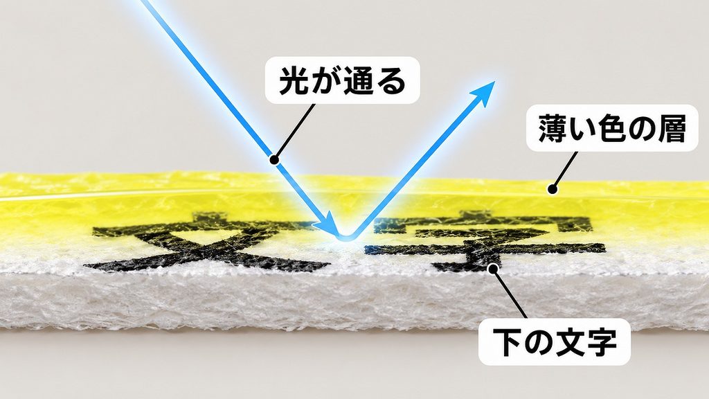 黒い文字の上に薄い黄色の色層が重なり、光が層を通って文字まで届いて戻る断面