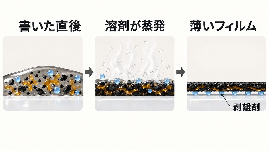 ホワイトボード上の液体インクから溶剤が蒸発し、剥離剤に支えられた薄い膜になる三段階