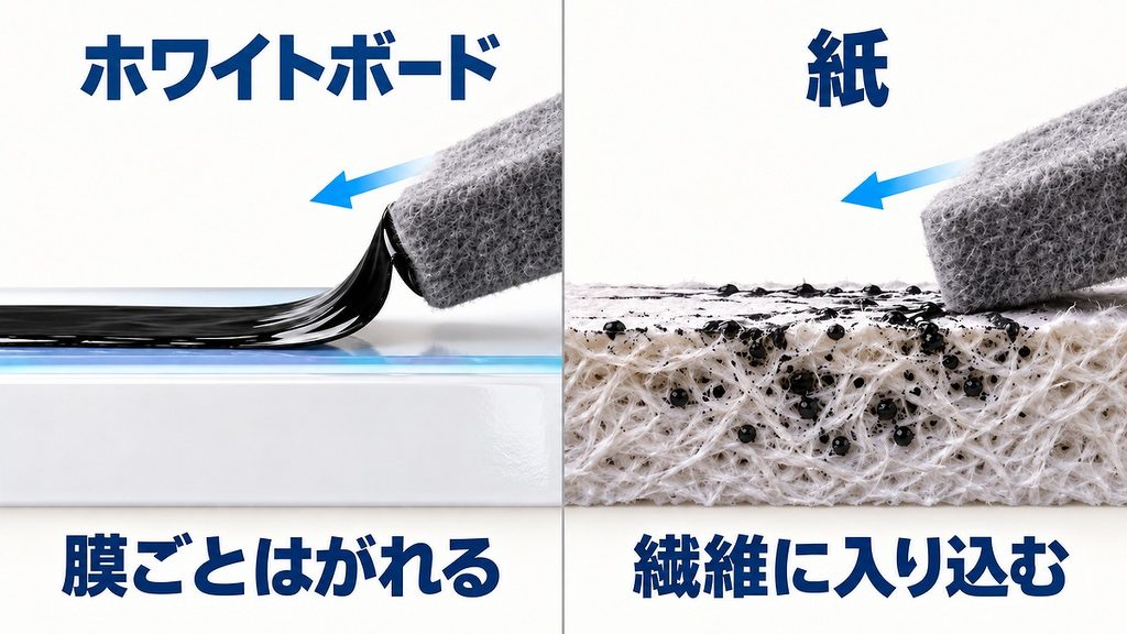 イレーザーで黒い膜がはがれるホワイトボードと、インクが繊維へ入り込む紙の断面比較