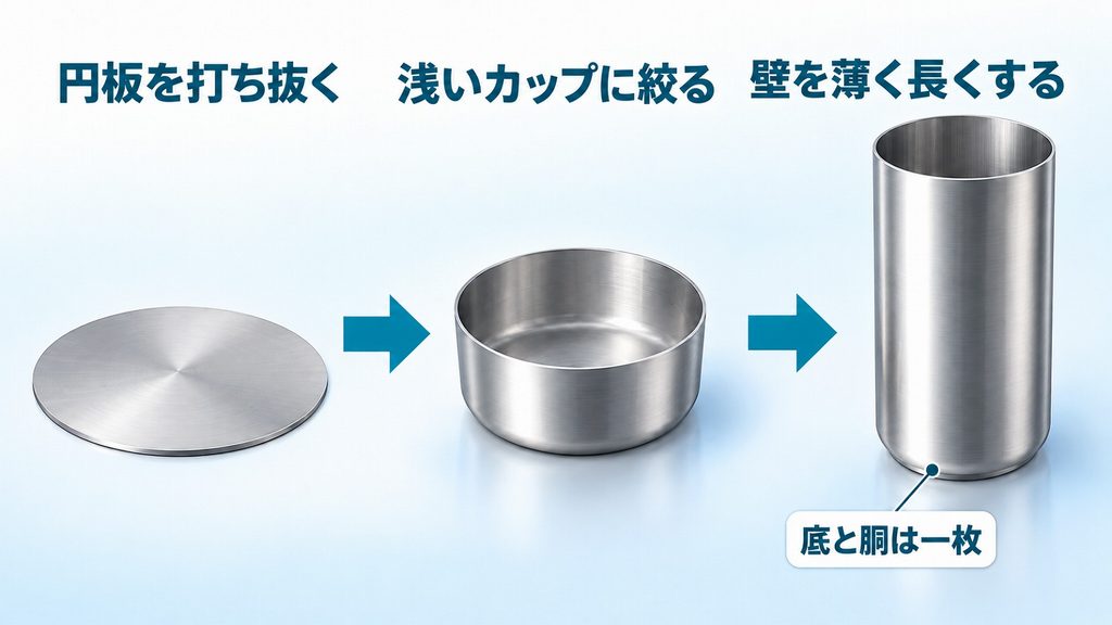 アルミ円板を浅いカップに絞り、側壁を薄く長くして継ぎ目のない缶胴へ変える工程
