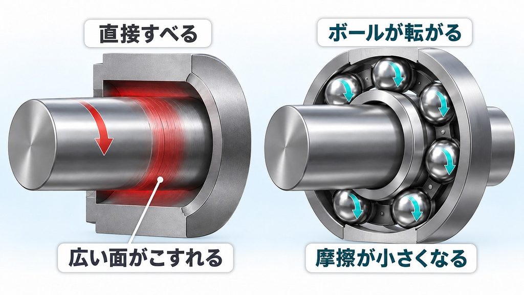 軸が固定面を直接こする状態と、ボールを転がして摩擦を減らす状態を左右に並べた比較