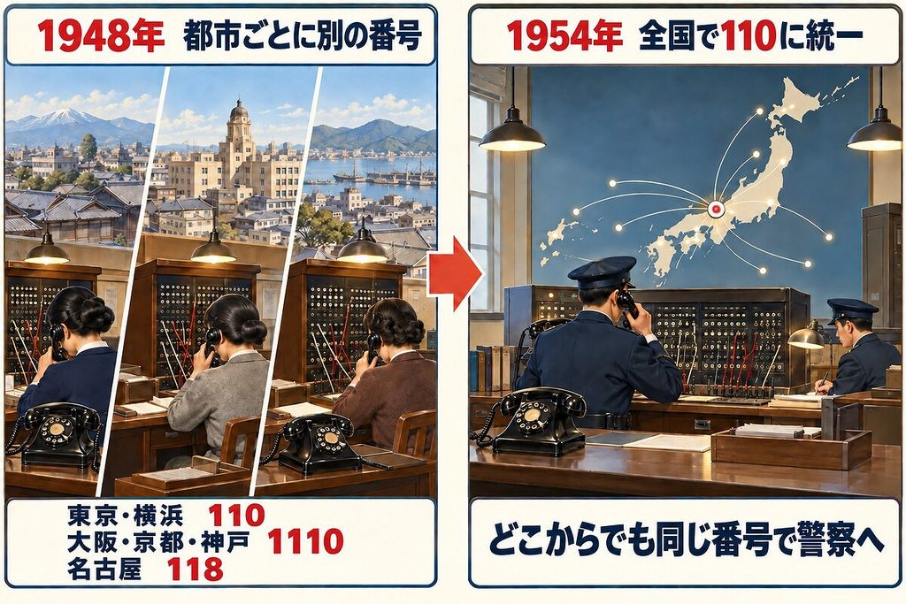 1948年の都市別番号と、1954年に110へ全国統一された流れを並べた年表図