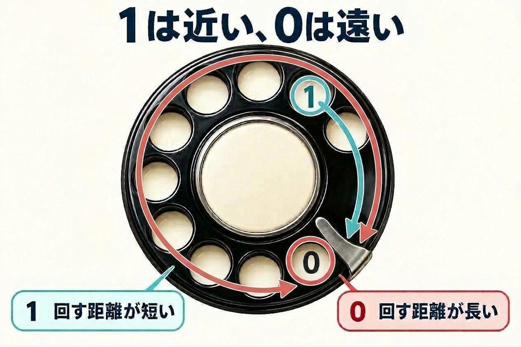 ダイヤル式電話の1から止め具までの短い動きと、0からほぼ一周する長い動きを比べた図