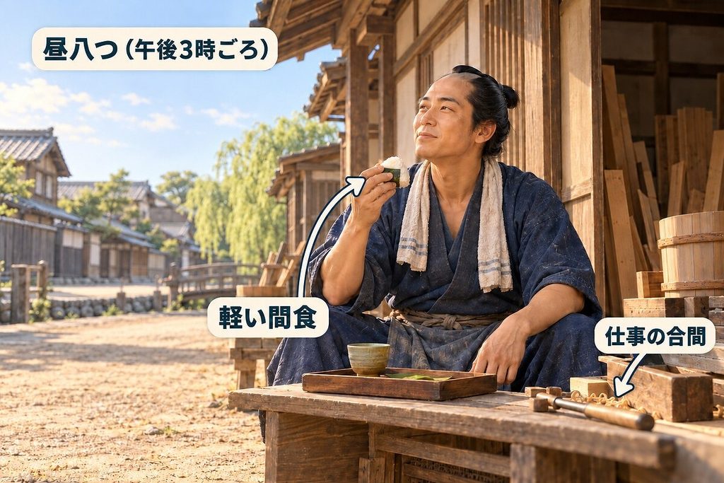 江戸の町で昼八つごろ、仕事の合間におにぎりを食べる職人と道具を示した場面