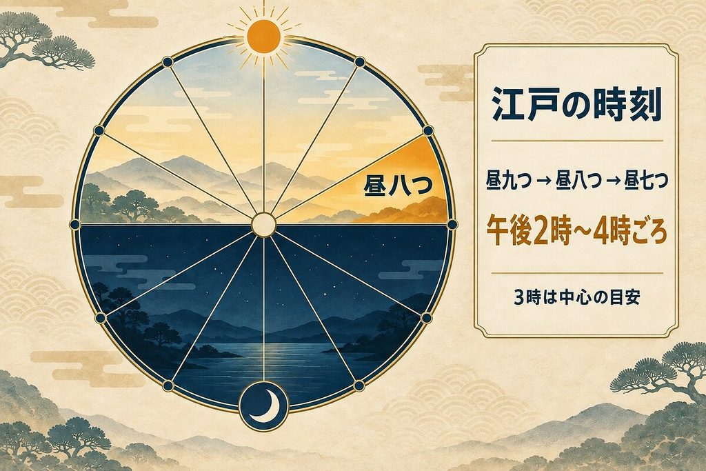 昼と夜を十二分割した江戸の時刻図で、昼八つが午後2時から4時ごろに当たることを示す