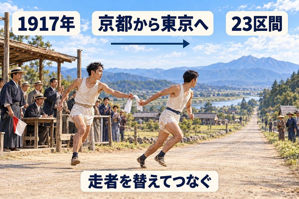 1917年の東海道駅伝で走者が布を渡し、京都から東京へ走り継ぐ場面