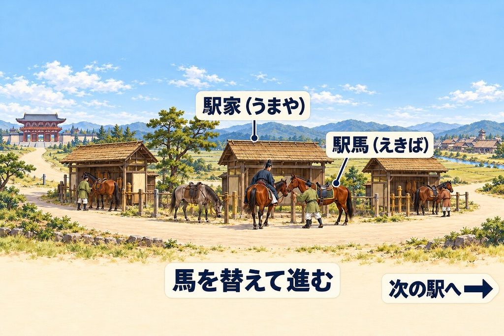 街道の駅家で役人が駅馬を替え、次の駅へ進む古代の駅伝制