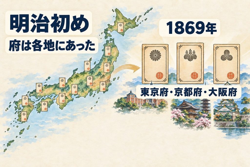 明治初めに各地にあった府が1869年に東京・京都・大阪の三府へ整理された流れ