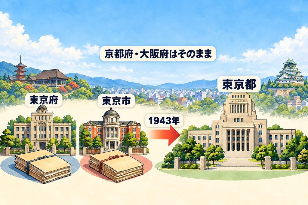 1943年に東京府と東京市が東京都となり、京都府と大阪府が残った流れ