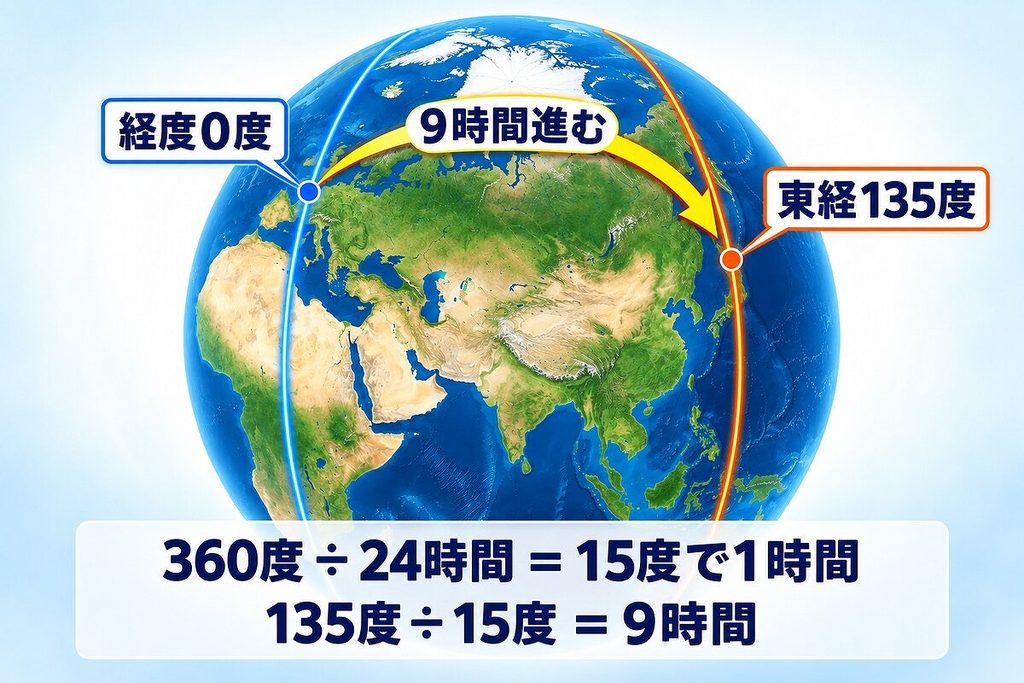 経度0度から東経135度まで、15度ごとに1時間ずつ合計9時間進む計算を示した地球儀の図