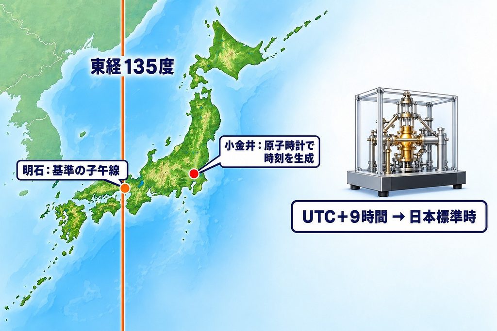 経135度が通る明石と、原子時計で日本標準時を作る小金井の役割の違いを示した地図