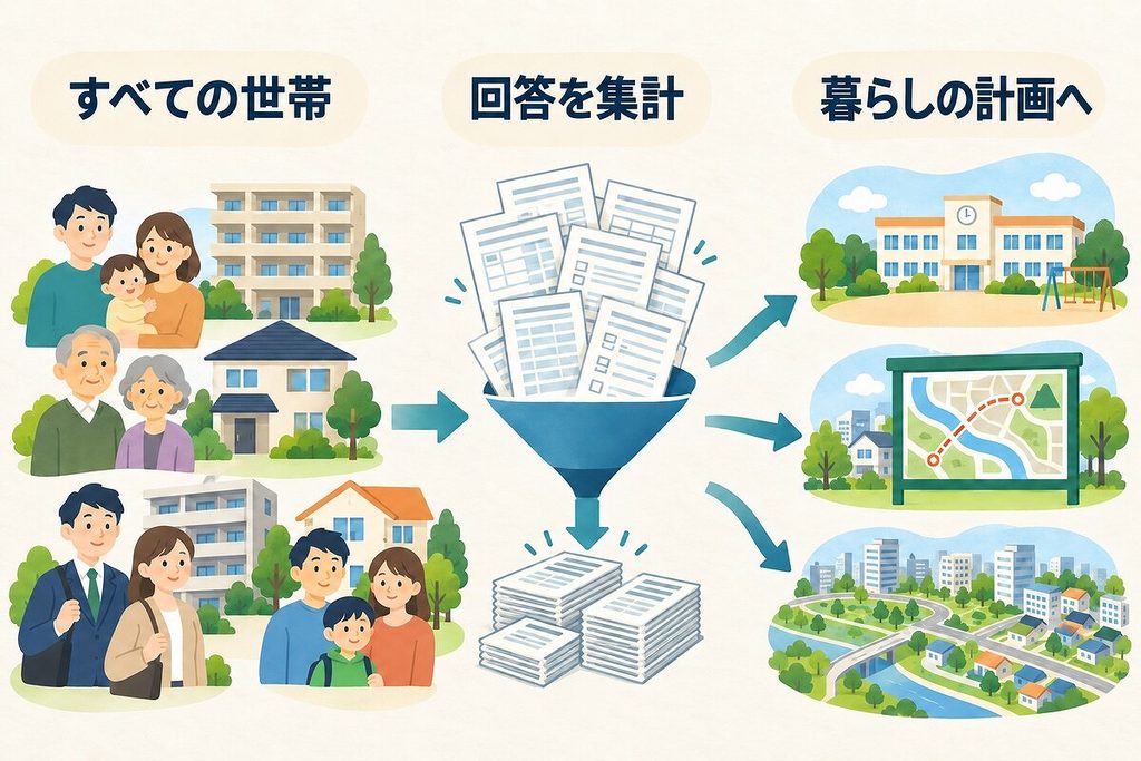 さまざまな世帯の回答を集計し、学校、防災、まちづくりの計画へ生かす流れを示したもの