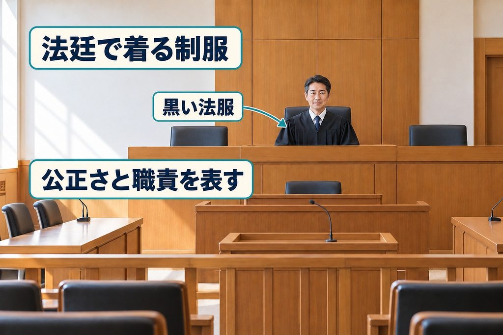 明るい法廷で黒い法服を着た裁判官と、公正さ・職責を示す三つの説明ラベル