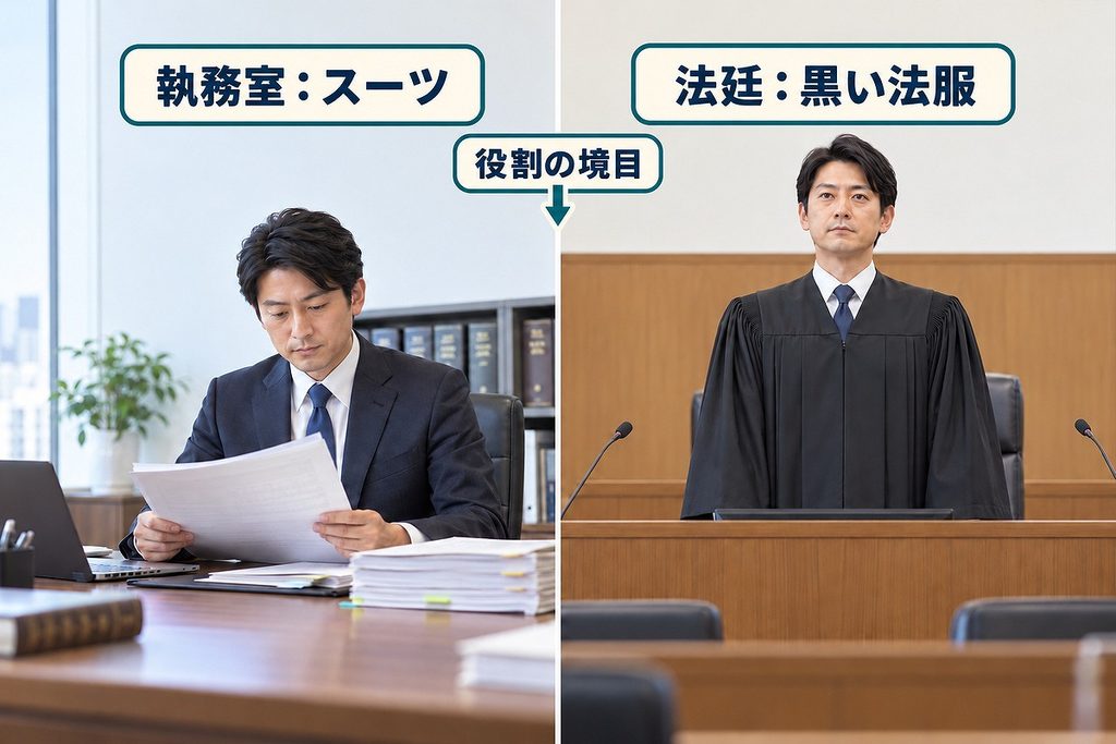 同じ裁判官の執務室でのスーツ姿と法廷での黒い法服姿を左右で比べ、役割の境目を示す場面
